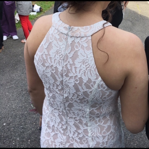 White Lace Prom Dress With Glitter Halter Keyhole - Picture 3 of 3